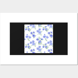 Blue Sailors transparent flowers watercolor print. Spring romantic bouquets translucent Posters and Art